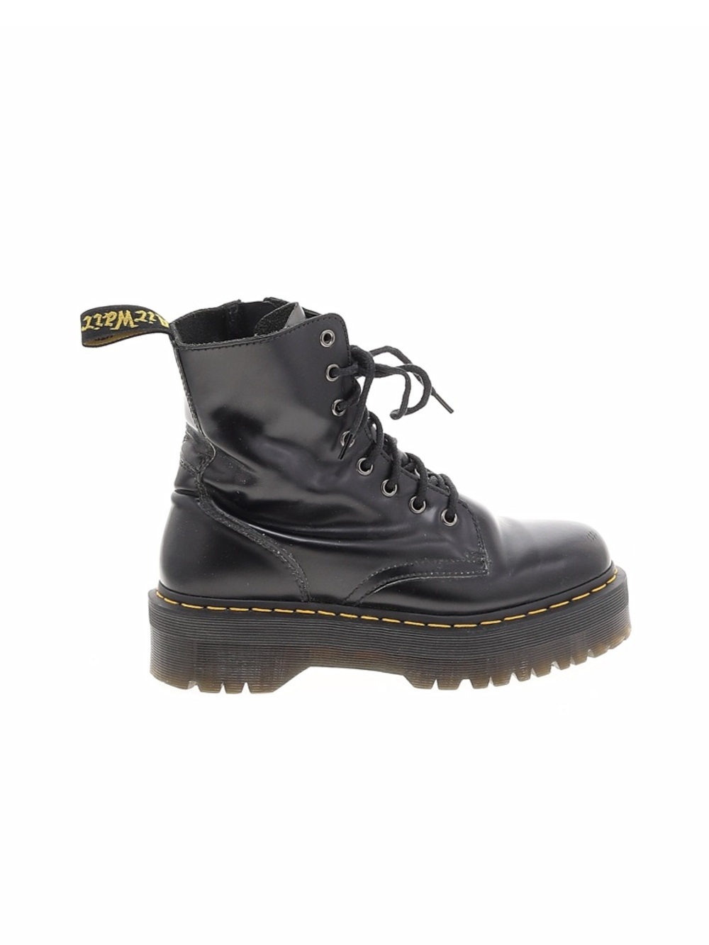 Dr. Martens Black Leather Platform Combat Boot with Yellow Stitching